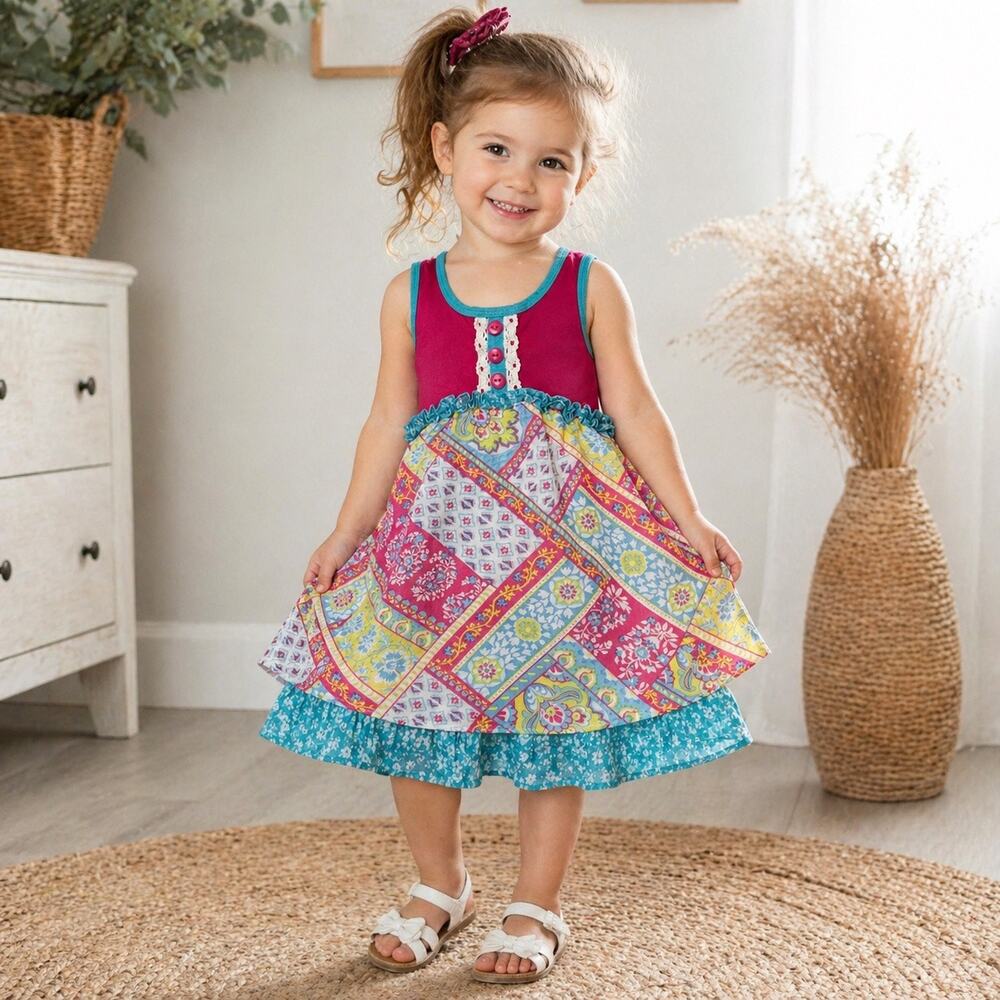 Jona Michelle Girls Patchwork Dress 3T Floral Boho Twirl Summer